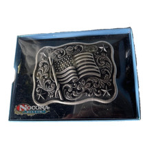 Nocona Mens Belt Buckle 3.75 x 3 in US Flag Star Western Matte Black Silver 1.5
