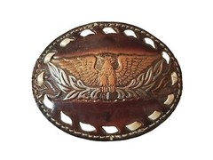 EAGLE Belt BUCKLE w/ WHITE BUCKSTITCHING Lg HANDMADE Brown LEATHER Western/Biker