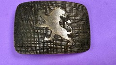 Heraldic Rampant Lion Grid Pattern Brass Tone Belt Buckle, Made in Italy