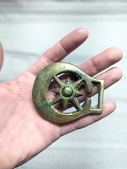 vintage BRASS belt buckle CRECENT moon horse WESTERN antique military BRUTALIST