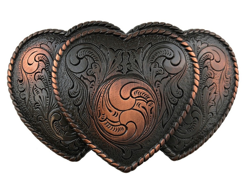 THREE HEART BUCKLE WESTERN BELT BUCKLE COPPER COLOR fits 1-1/2&Prime; wide Strap