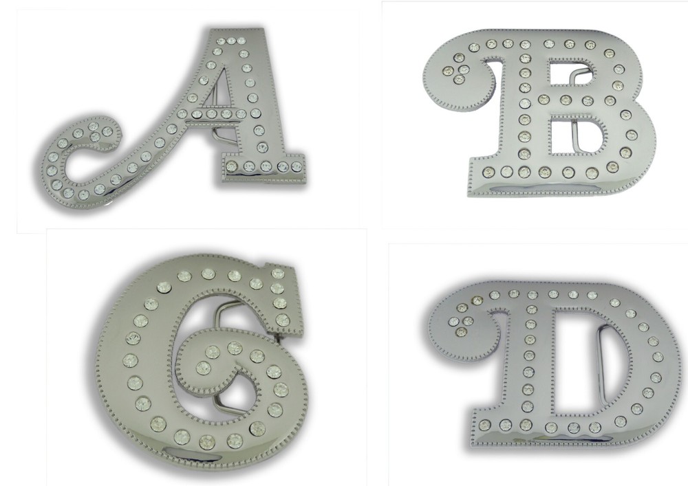 Initial Letter Cursive Silver Chrome Rhinestones Belt Buckle A to Z Alphabet New