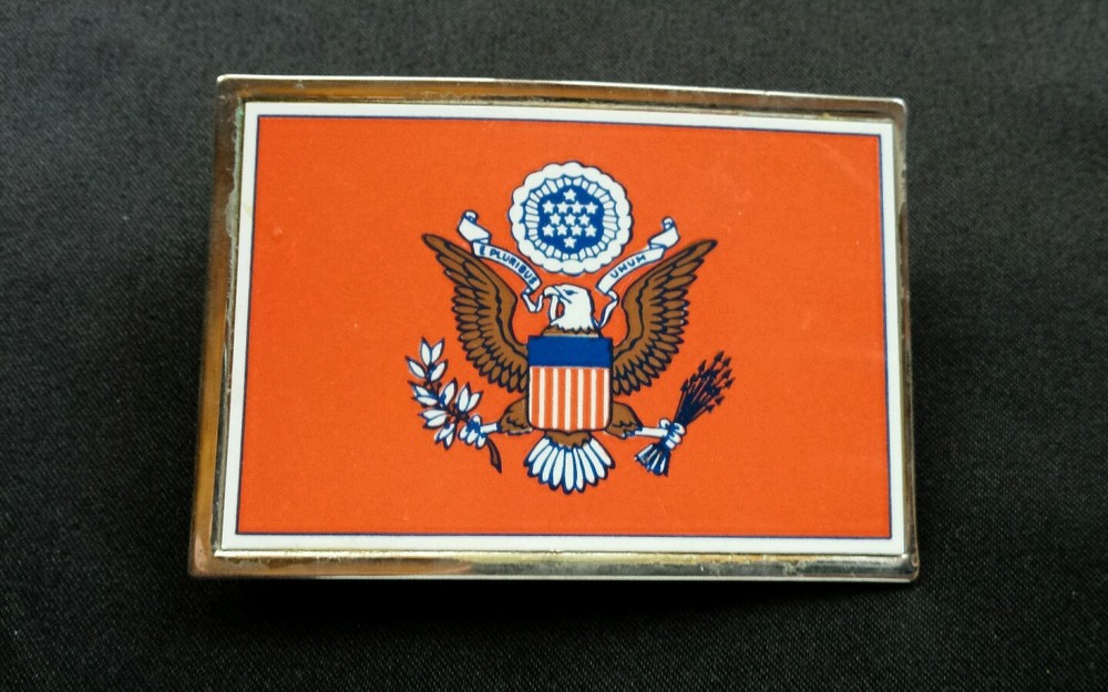UNITED STATES SEAL EAGLE STARS & STRIPES RED BACKGROUND BELT BUCKLE