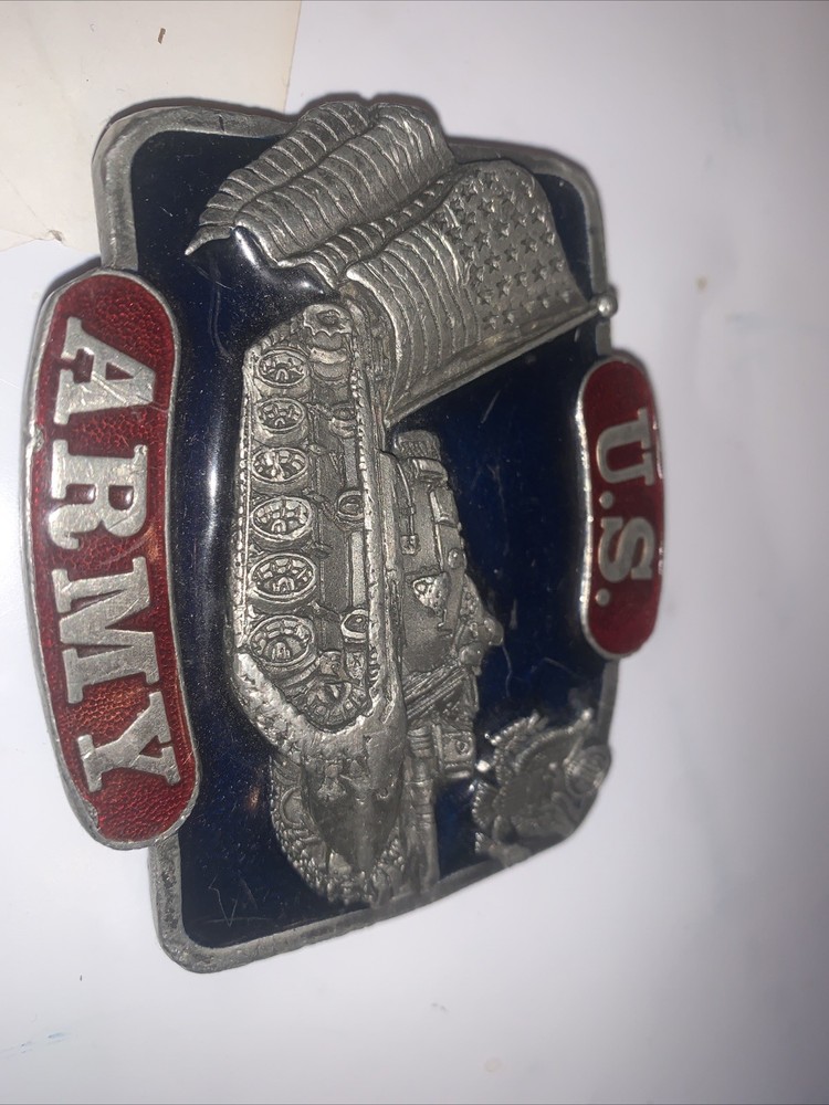 US ARMY TANK Flag Eagle Pewter BELT BUCKLE Made USA machines ,Man Steel & Pride