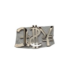Chrome Currency Symbols Belt Buckle Dollar Pound & Yen Signs Metal Finish 4x2in