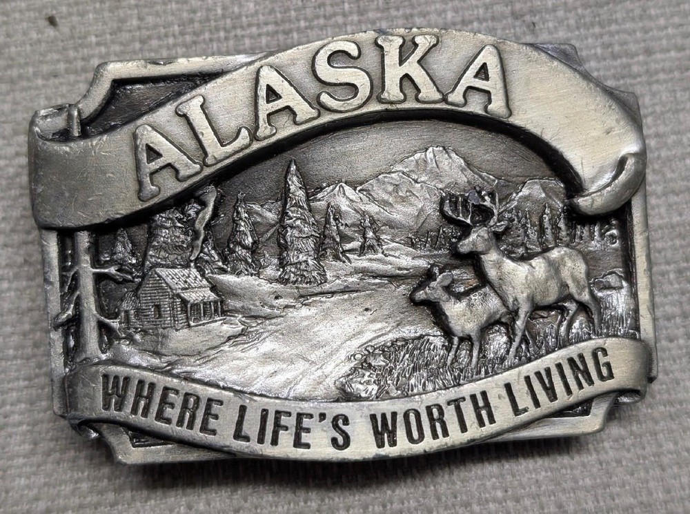 1980s vintage ALASKA belt buckle WESTERN pewter DEER where life if worth living