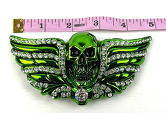 Washed Up Hollywood 1½” Pewter Plate Crystal Skull Head Belt Buckle Green Goth
