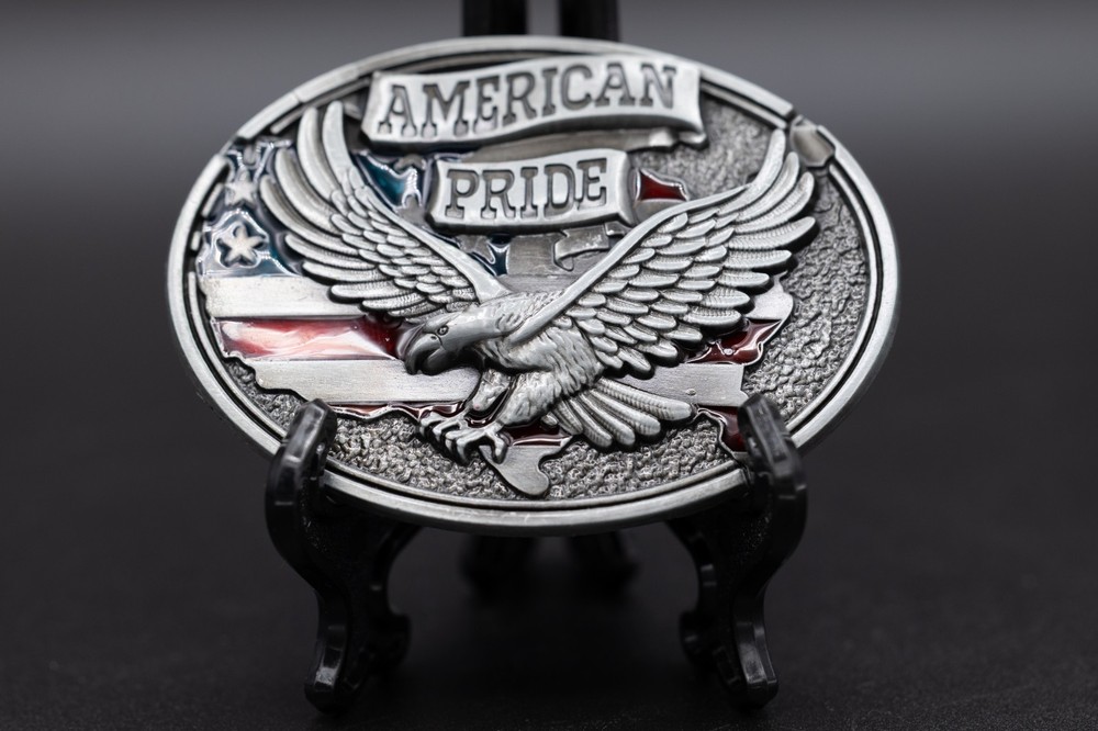 American Pride Belt Buckle Soaring Eagle US Flag Red White Blue Enamel Oval