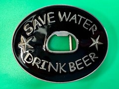 SAVE WATER DRINK BEER Novelty Black Enameled Belt Buckle with Bottle Opener