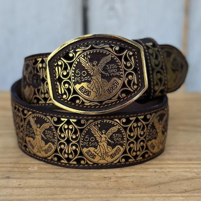 Genuine Laser Cut Leather Centenario Western Belt with Removable Buckle – Gold