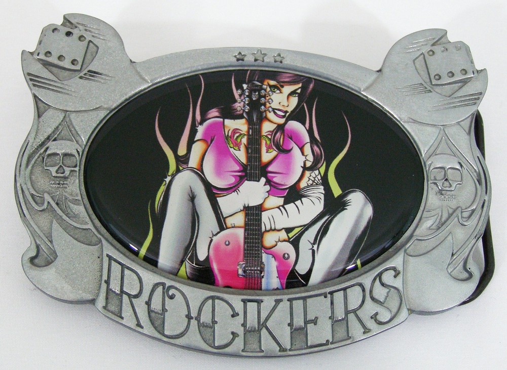 BELT BUCKLES Rocker Chick Flaming Guitar D. Vicente Silver Rectangle Music NWOT!