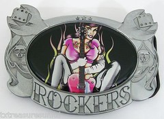 BELT BUCKLES Rocker Chick Flaming Guitar D. Vicente Silver Rectangle Music NWOT!