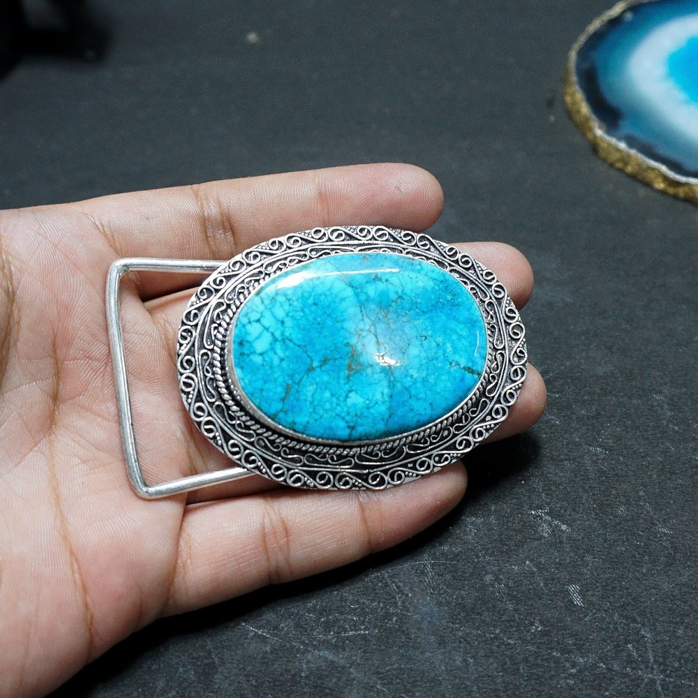 Handmade Silver Plated Belt Buckle with Natural Turquoise Stone- Western Vintage