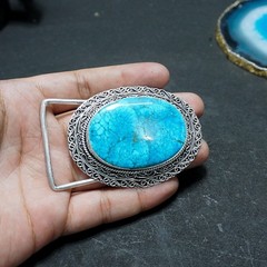 Handmade Silver Plated Belt Buckle with Natural Turquoise Stone- Western Vintage