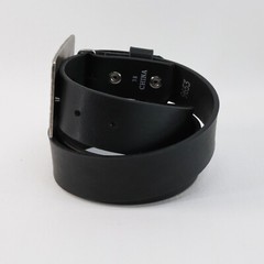 Hammered Belt Women Black Faux Leather Silver Plaited Buckle Cross Biker