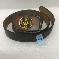 Mason Masonic leather insert metal belt buckle Belt very rare piece Sz 32
