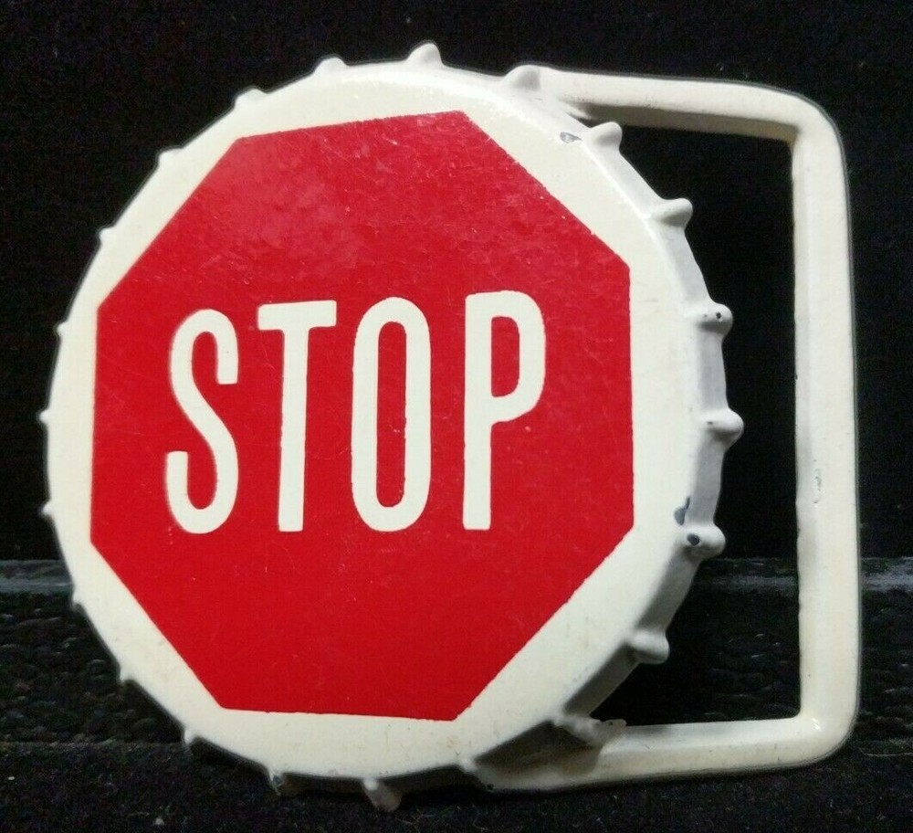 Great/Fun/Fashionable Belt Buckle Unique Bottle Cap Shaped Stop Sign White Red
