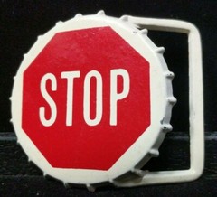 Great/Fun/Fashionable Belt Buckle Unique Bottle Cap Shaped Stop Sign White Red