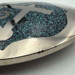 Vintage Masonic Belt Buckle Turquoise Chip Inlay Compass Silver Tone