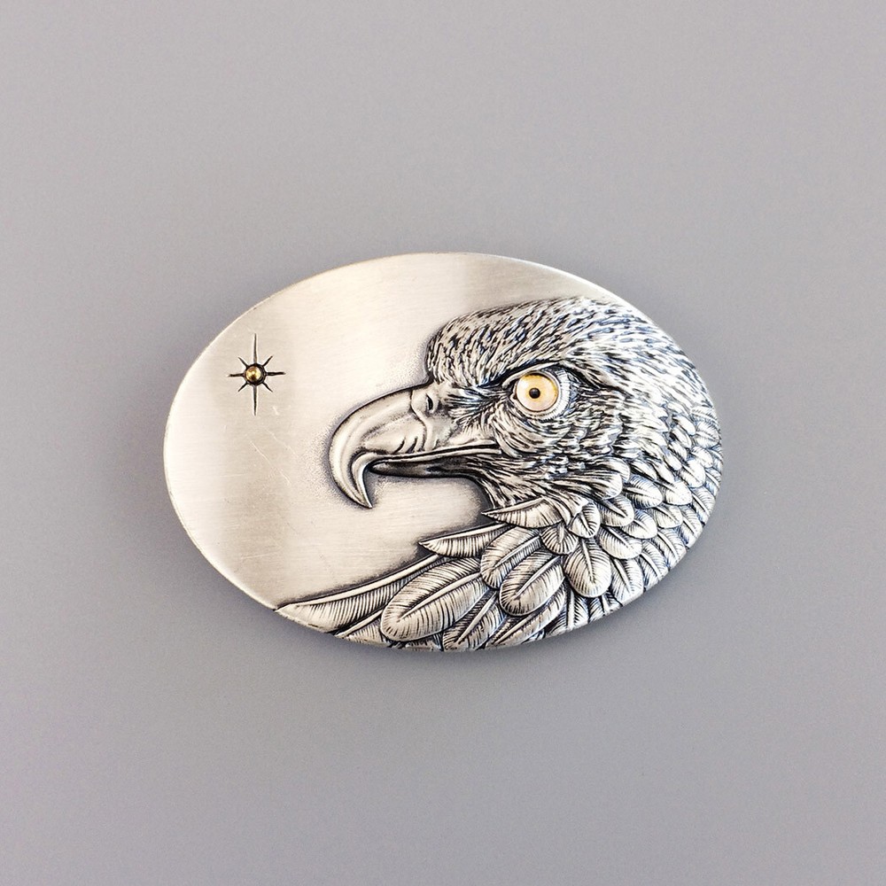 Vintage Silver Plated Oval Sun Eagle Belt Buckle With Yellow Eye