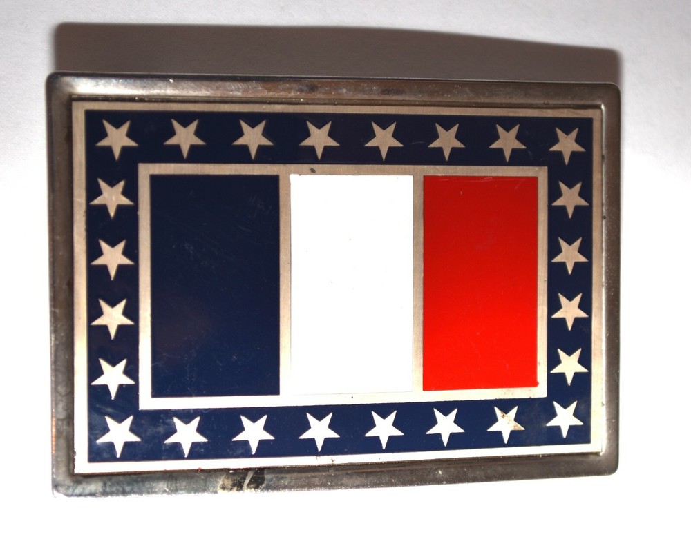 French Enameled Tricoloure Black White Red Flag on Silver Tone Belt Buckle