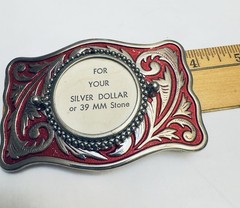Rectangle Belt Buckle For USA Silver Dollar Coin Screw Back Silver Tone & Red