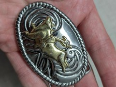 vintage WESTERN belt buckle CHROME cowboy BULL RIDING rodeo