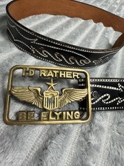 Vtg Solid Brass Id Rather Be Flying Belt Buckle & Leather Belt Pilot Aviation