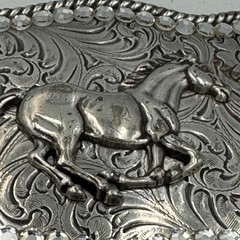 Western Horse Belt Buckle Silver Tone Floral Engraved Rhinestone Border Rodeo