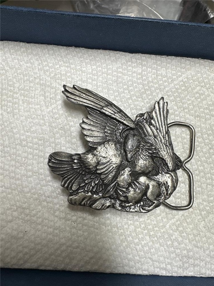 Bergamot Brass Works Eagle with Rabbit Solid Brass Belt Buckle 1974 Vintage 3”