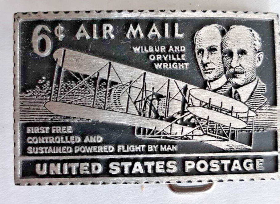 pewter belt buckle Wilber Orville Wright air mail stamp 2.75&Prime; long NEW in box