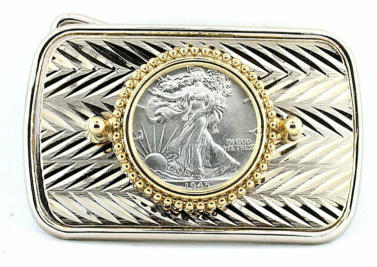 Silver Gold Diamond Cut 1945 Walking Liberty Half Dollar Rectangle Frame Buckle