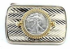 Silver Gold Diamond Cut 1945 Walking Liberty Half Dollar Rectangle Frame Buckle