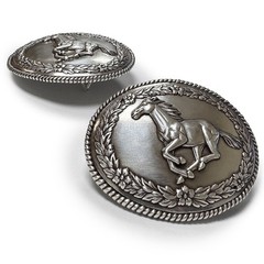 Western Belt Buckle Antique Silver Horse Engraved Rope Edge Cowboy Rodeo Wear