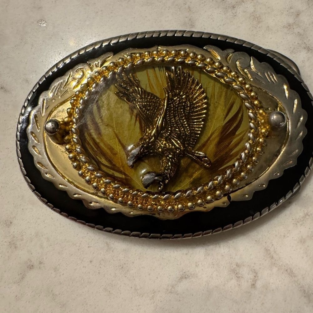 Vintage 80s Western Eagle Belt Buckle Gold Amber USA