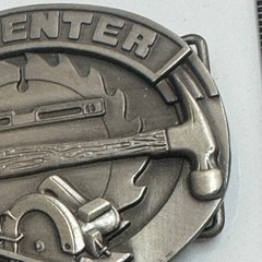 Siskiyou Carpenter Belt Buckle 1991 Pewter Hammer Saw Tape Measure Tool Design