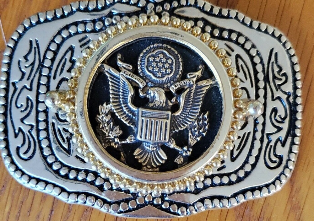 Mens Belt Buckle with US Military Emblem Inlay – Gold Color buckle 3.5&Prime; x 2.5&Prime;