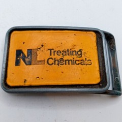 NL Treating Chemicals Belt Buckle Yellow Vintage Distressed Well Worn