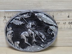 Vintage Native American Warrior Horse Belt Buckle Silver Tone Black Western