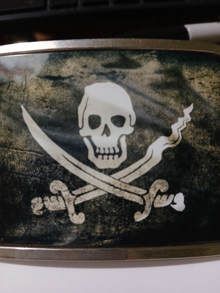 Skull Crossed Swords Belt Buckle Black White 2 1/2 X 4 Silver