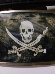 Skull Crossed Swords Belt Buckle Black White 2 1/2 X 4 Silver