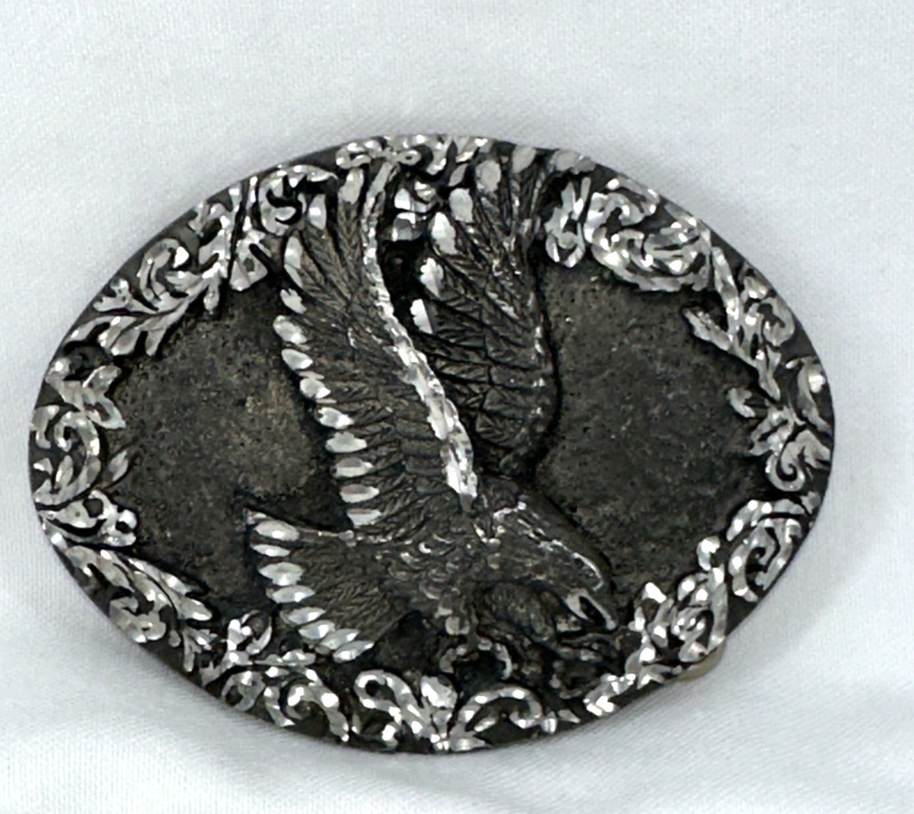 Vtg EGE Belt Buckle 3.5&Prime; Oval Flying Eagle Western USA Cutwork Metal Alloy
