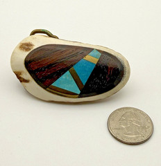 Vintage Antler Burr w/ Inlaid Wood Turquoise & Brass w Leather Back Belt Buckle