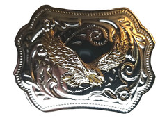 FLYING EAGLE Belt BUCKLE Gold on Silver Rectangular Metal Western/Biker/USA