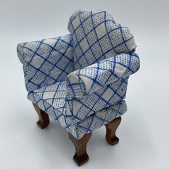 Vintage Doll House Upholstered Arm Chair Checker Stripes White Blue Print READ