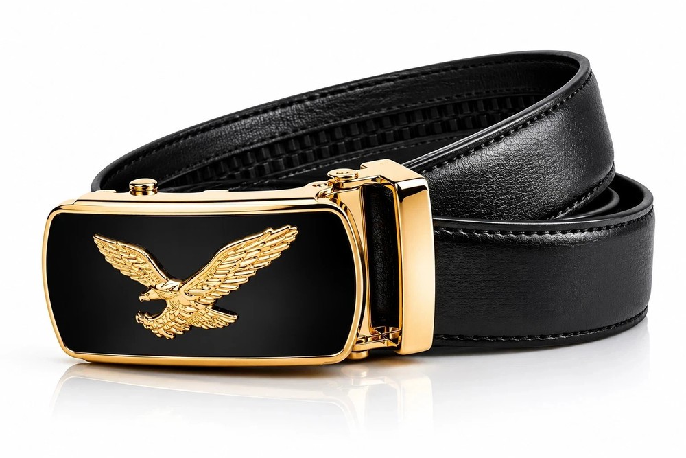 Automatic Ratchet Dress Belt Eagle Buckle Adjustable Leather Waist Belt Black