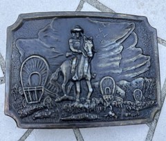 Vintage 1970’s Brass Cowboy Western Covered Wagon Train Belt Buckle Pioneers