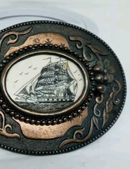 Vtg. 1970s Sailing Ship Belt Buckle W Birds. Brass Plated Metal. Ornate Edges.