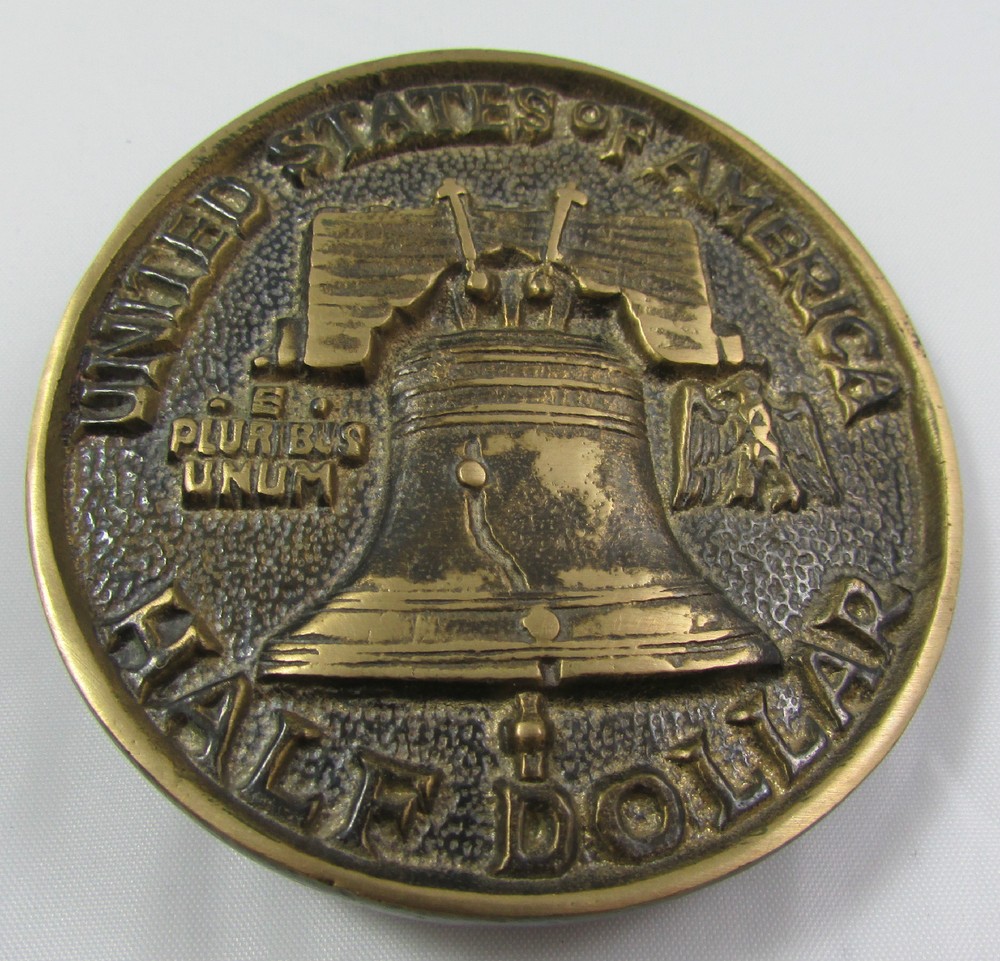 Vintage Solid Brass American Half Dolar Liberty Bell Patriotic Belt Buckle #873