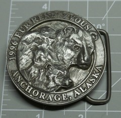 1996 Fur Rondy Rendezvous Belt Buckle Pewter Grizzly Bears Brand New A70